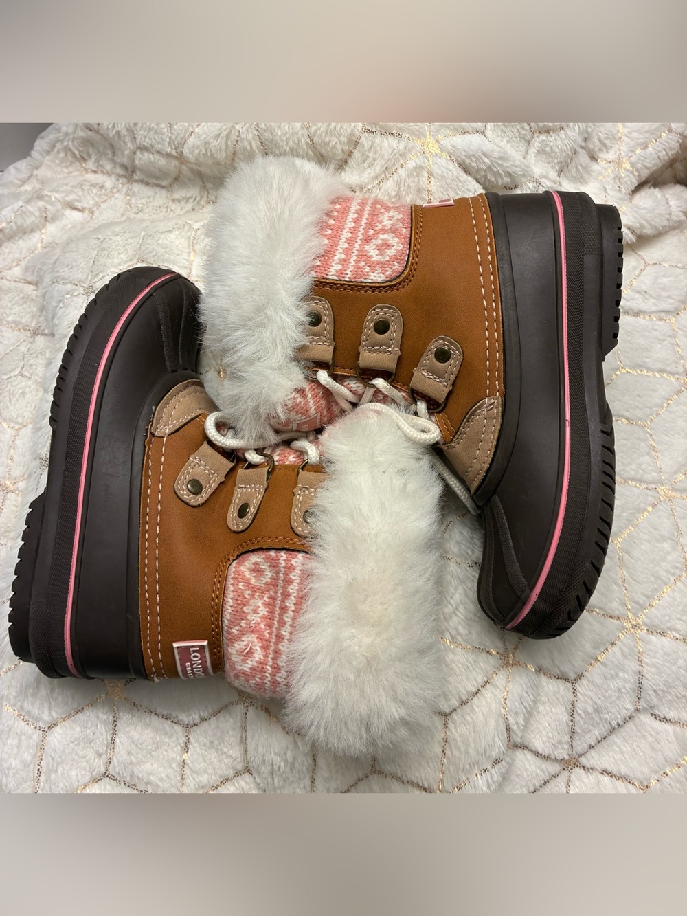 London fog toddler Brown Winter Duck Boots with Pink Knit Cuff and Faux-Fur Trim - Picture 11 of 12